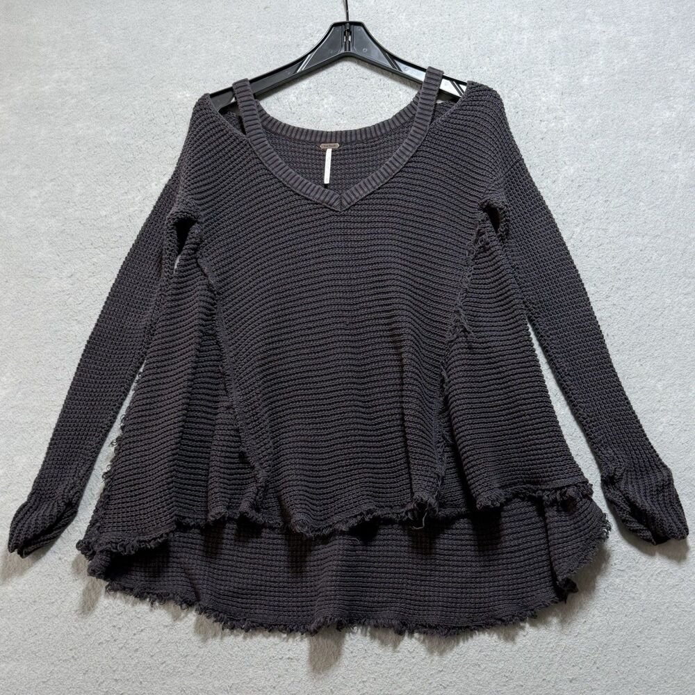 Free people Sweater Waffle Knit Shirt Women’s XS Black Chic Cutout Shoulder